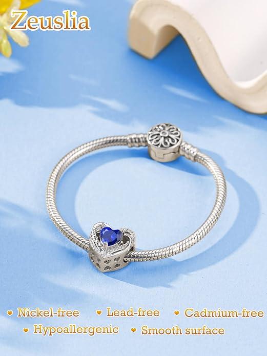 Heart Birthstone Charms for Bracelets, 925 Sterling Silver Women Bead Charms for Charm Bracelets Necklace, Mother's Day Birthday Anniversary Jewelry Gifts for Wife Mom Grandma Daughter