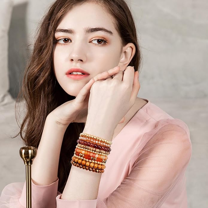 GOOJIDS Surfer Heishi Clay Bead Bracelets for Women Bohemian Stackable Gold Plated Beaded Stretch Bracelets Elastic Layering Friendship Bracelets Set Boho Jewelry