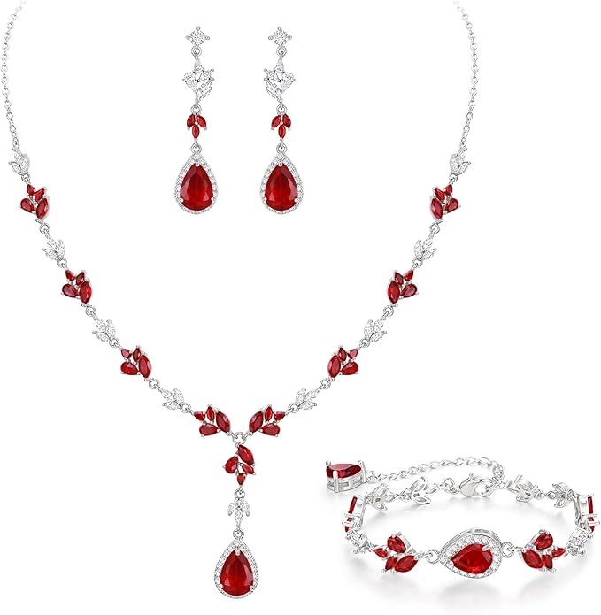 Crysdue Teardrop Bridal Jewelry Set for Wedding Party, Silver/14K/Rose Gold Plated Prom Costume Jewellery for Bride Bridesmaids Women, Cubic Zirconia Necklace Dangle Earrings Bracelet
