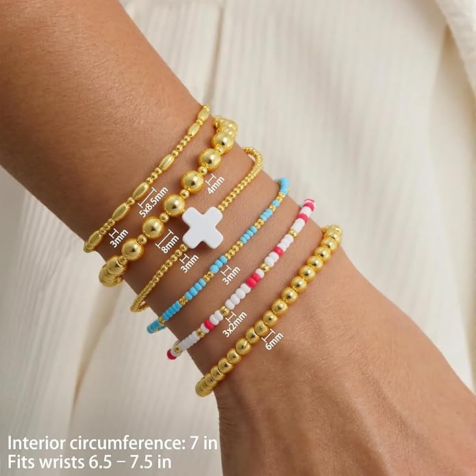 Gold Bracelets for Women Waterproof, 14K Gold Plated Beaded Cross Bracelets Set,Boho Stretch Bracelets Stackable Jewelry for Women Teenage Girls Jewelry Christmas Gifts