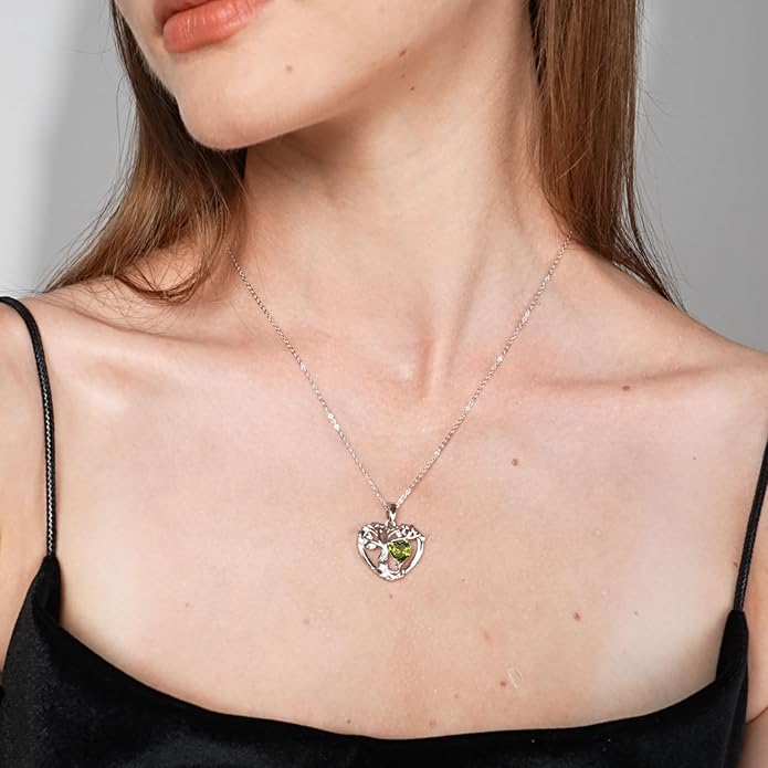 Tree of Life Necklaces for Women 925 Sterling Silver Heart Pendant Birthstone Necklace Created Gemstone Jewelry for Her, 18"+2"
