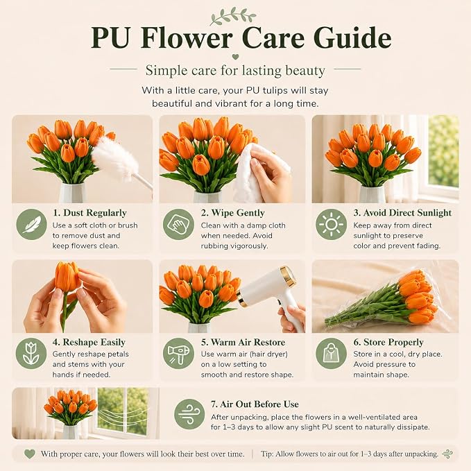 Mandy's 20pcs Artificial Orange Tulips | 13.5 Inch Lifelike PU Tulips Faux - Image 6