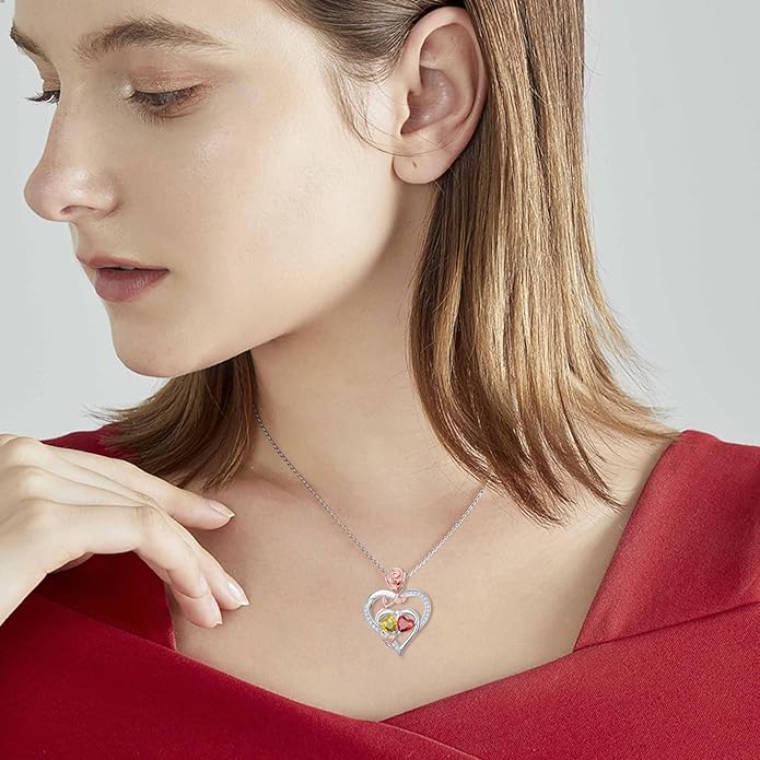 Rose Flower Heart Pendant for Women Birthday Gifts 18k Gold Plated Mother Daughter Necklace with 12 Months Birthstone Christmas Valentines Day Gifts for Her Mom Anniversarry Jewelry for Mom Wife Girlfriend
