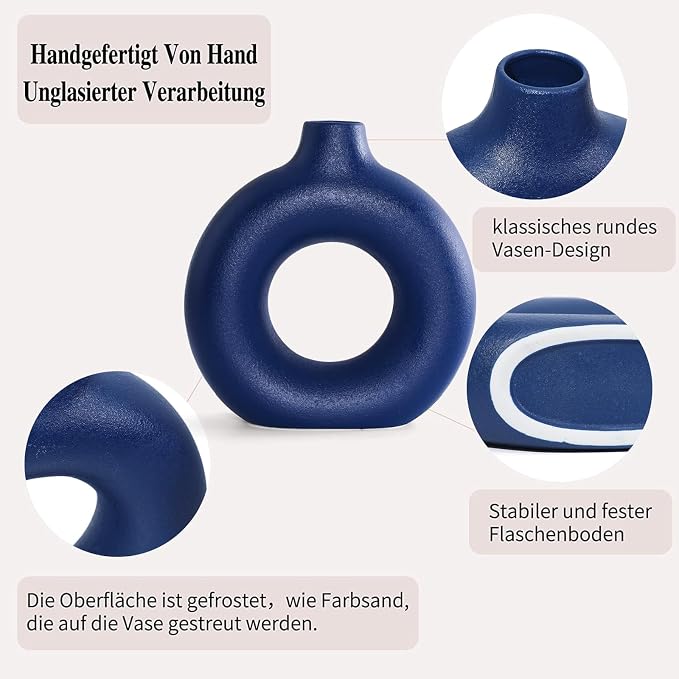 Blue Ceramic Donut Vase Set of 2, Hollow Round Matte Pampas Flower Vases - Image 2