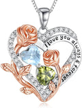 I Love You Birthstone Necklace, 925 Sterling Silver Heart Pendant with CZ Diamond Stones, Birthday Gifts for Women, Romantic Gift for Wife, Girlfriend, Her, Anniversary, Valentine's Day, Christmas