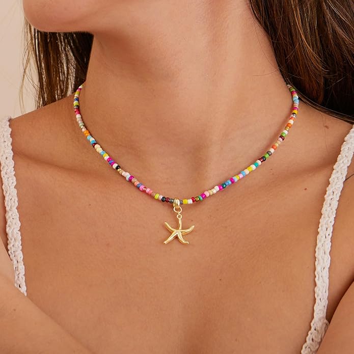 VRIUA Colorful Beaded Necklaces for Women – Summer Beach Boho Starfish, Conch, Shell, Pearl, Palm tree Pendant Necklace Jewelry