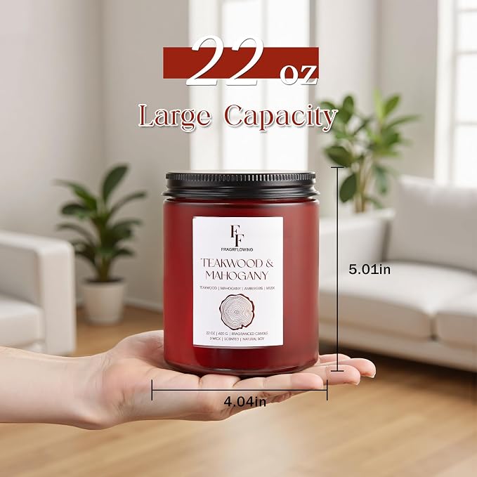 Teakwood & Mahogany Large Christmas Scented Candle, 3-Wick 22oz Long Lasting - Image 3
