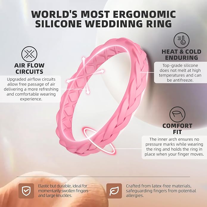 Egnaro Women's Wedding Bands, Silicone Thin and Stackable Rubber Engagement Ring, Variety Multipack With Breathable Grooves Workout Accessories