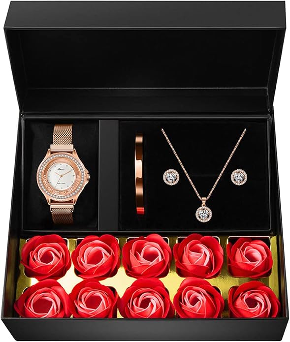 Gifts for Women Jewelry Sets, 4 Pieces Rose Gold Women's Watch Necklace Earring Bracelet Birthday Gifts for Women's Jewelry Sets for Women Gift for Wife Girlfriend Her Birthday Gift for Mom Mother