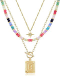 MJartoria Layered Initial Necklaces for Women Trendy, 14K Gold Plated Brass Simple Star Choker Square Letter Pendant Necklace, Colorful Beaded Necklaces Jewelry Gifts