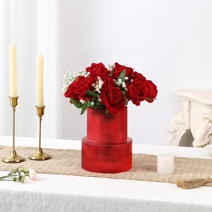 Ribbed Glass Vase, Flower Vase, Fluted Red Vases - Image 2