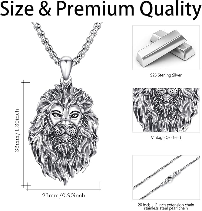 Cuoka Lion Necklace for Men Women S925 Sterling Silver King Retro Punk Gothic Hip Hop Rock Animal Lion Head Pendant Charm Jewelry Chain Necklace Viking Protection Amulet Necklaces
