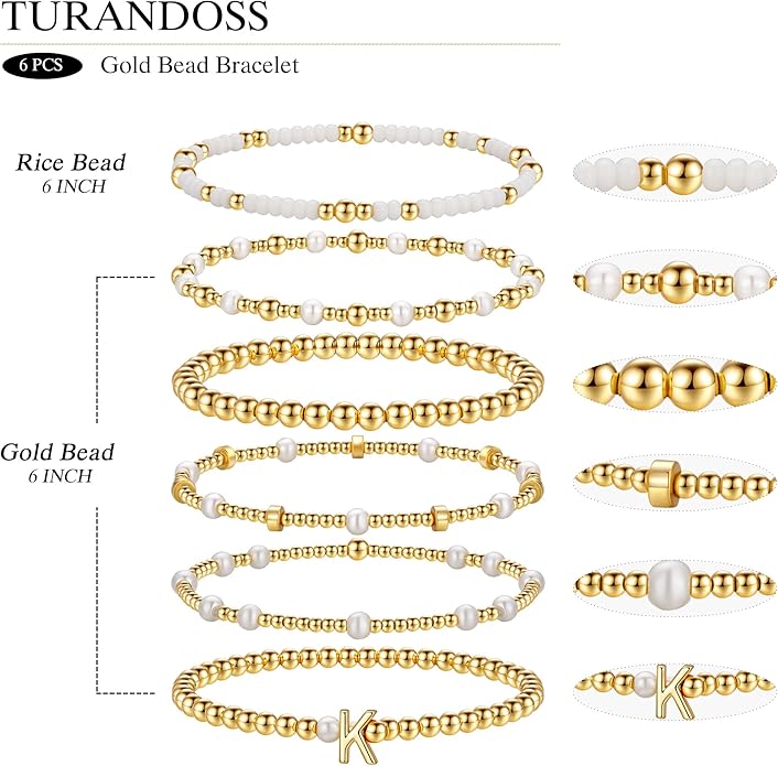 Turandoss 6PCS Beaded Initial Bracelets for Women Girls Valentines Day Gifts - 18K Gold Plated Beaded Initial Letter Bracelet Initial A-Z Stretch Bead Stackable Bracelet Valentines Day Gifts for Her