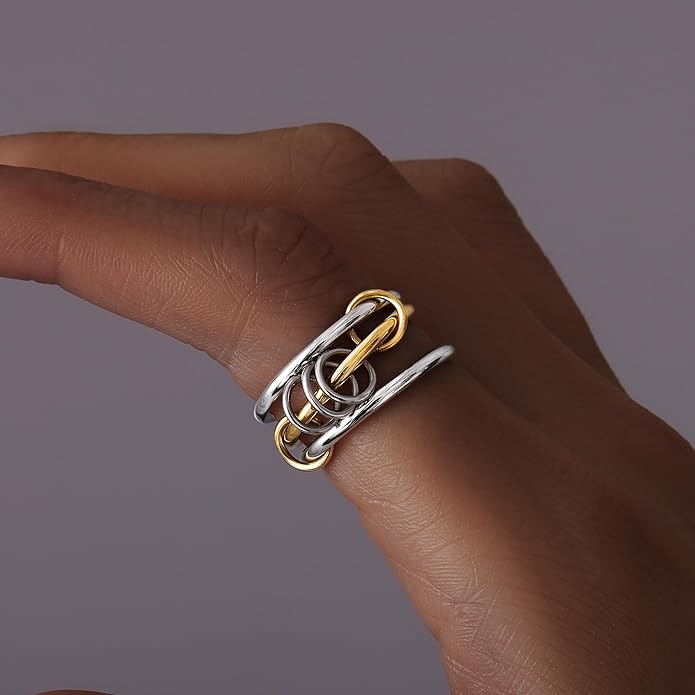 Gelbesty Stackable Gold Silver Band Rings for Women, Statement Chunky Cubic Zirconia Rings, Fashion Unique Designer Mixed Metal Jewelry Size 5/6/7/8/9/10/11