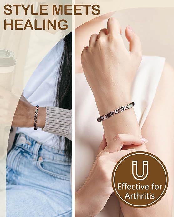 Feraco Pure Copper Bracelets for Women, Ultra Strength Magnetic Bracelet with 3800 Gauss Magnets & Natural Turquoise & Stones, Adjustable, Jewelry Gift