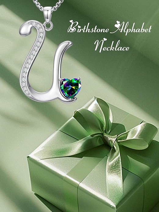 Valentines Day Gifts for Women Alphabet A to Z Initial Birthstone Pendant Necklaces for Women - 18k White Gold Plated Personalized Name Jewelry Valentine Mothers Day Birthday Gifts for Women Her Girlfriend