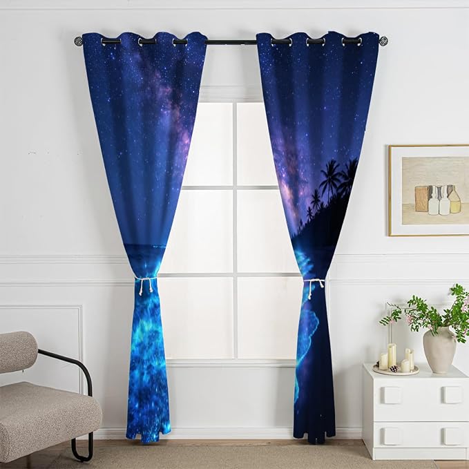 Beach Curtains for Bedroom Blackout, Fluorescent Beach Curtains, Coconut Tree - Image 2