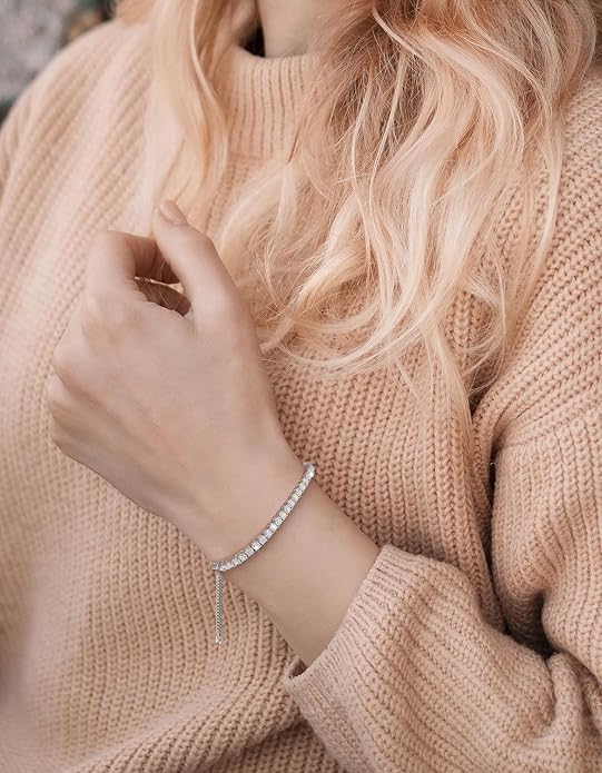 KRKC&CO Moissanite Bolo Tennis Bracelets for Women, 1.6-8.0 ct.tw, Adjustable Length S925 Sterling Silver, Christmas Gifts for Her, Luxury Box, 2/3/4mm D Color VVS1 White/14K/24K/Rose Gold Plated