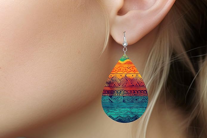 Teardrop Wood Earrings Light Weight Printed Image Dangle Jewelry, Fun and Funky Earrings