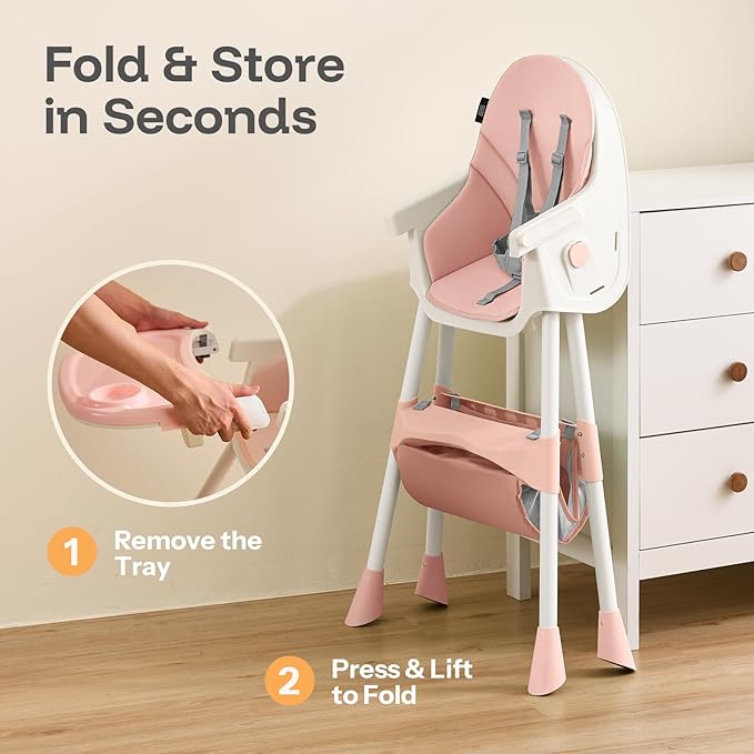 HARPPA 6-in-1 Convertible Baby High Chair for Toddlers, Foldable Highchair with Removable Tray for Eating & Playing, Adjustable 5-Point Safety Harness, Toddler High Chair with PU Cushion, Pink