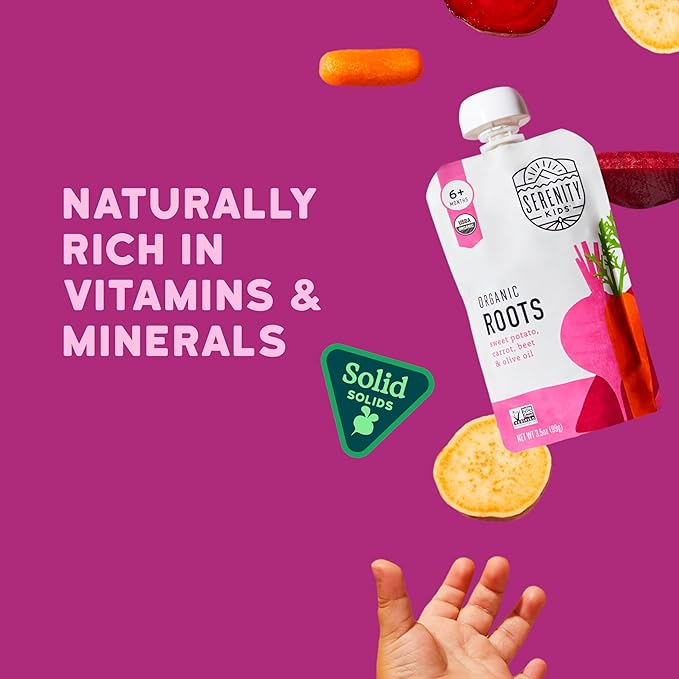 Serenity Kids 6+ Months Baby Food Pouches USDA Organic Veggie Puree - BPA-Free - No Added Sugar Allergen-Free - Savory Sweet Potato & Carrot, Beet Baby Snacks - 3.5 Oz, 6 Pack