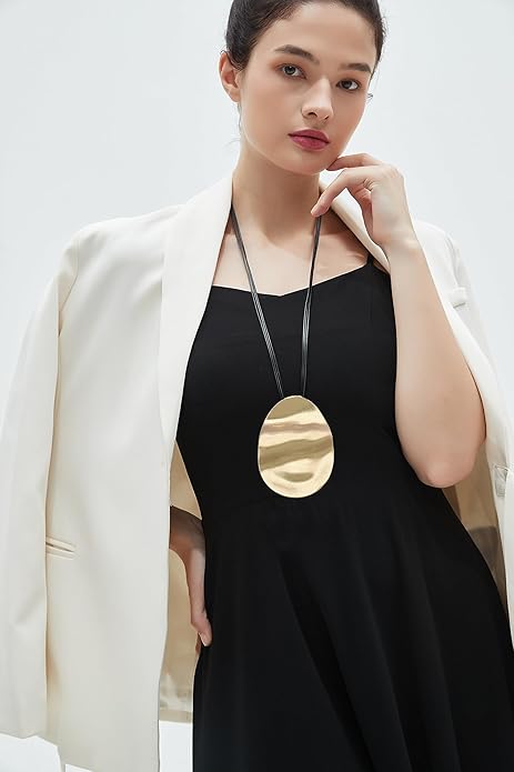 GelConnie Leather Necklace for Women Large Pendant Long Brown Necklace Circle Leather Choker Vintage Sweater Necklace Gold Chunky Boho Necklaces for Women