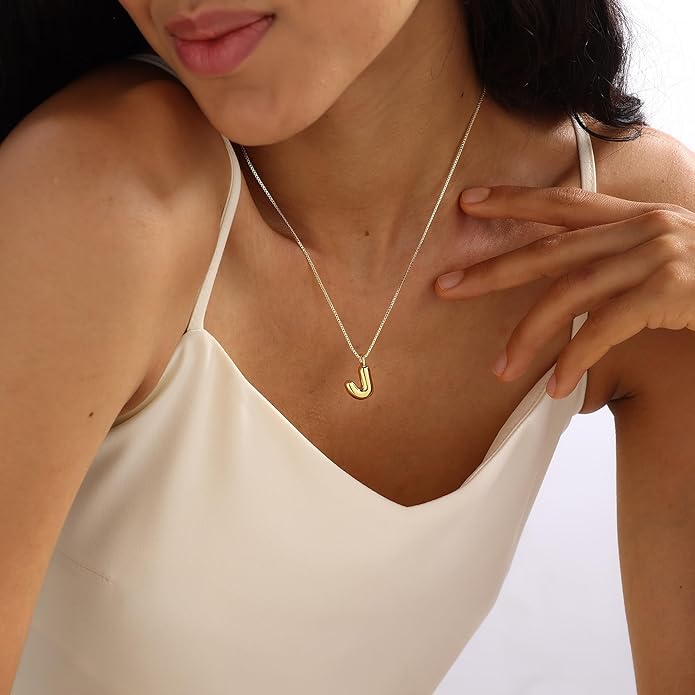 Bubble Gold Silver Letter Necklace Initial Necklaces for Women Trendy 14K Dainty Charm Pendant Name Necklace Personalized Jewelry Gift for Women Teen