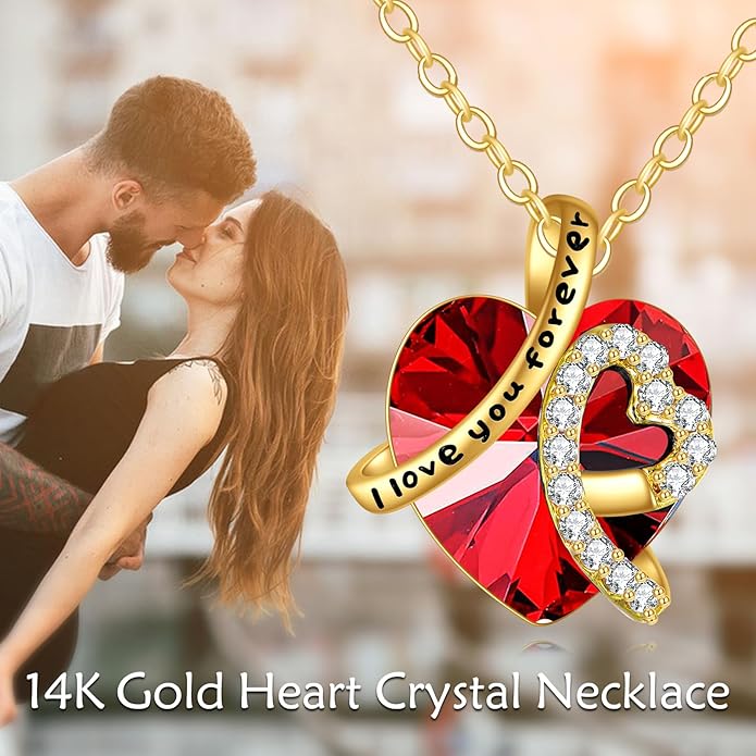 KECHO 14K Real Gold I Love You Forever Necklace Solid Yellow Gold Heart Birthstone Crystal Pendant Jewelry Birthday Mother's Day Anniversary Christmas Gifts for Women
