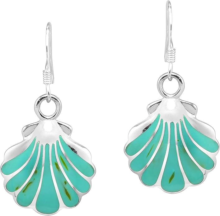 AeraVida Ocean Inspired Beach Style Seashell Shaped .925 Sterling Silver with Simulated Green Turquoise Inlays Boho Chic Fishhook Dangle Earrings