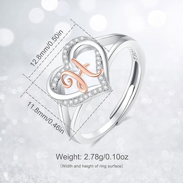 INFUSEU 925 Sterling Silver Initial Heart Ring for Women Girls, Adjustable Size