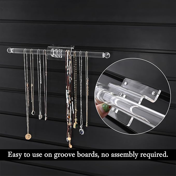 MOOCA 4 Pcs Set 2 Way Acrylic Slatwall Accessories Display & Wall-Mounted Jewelry Showcase for Dangling Jewelry Collection, Featuring Acrylic Bracelet Holder and Necklace Display