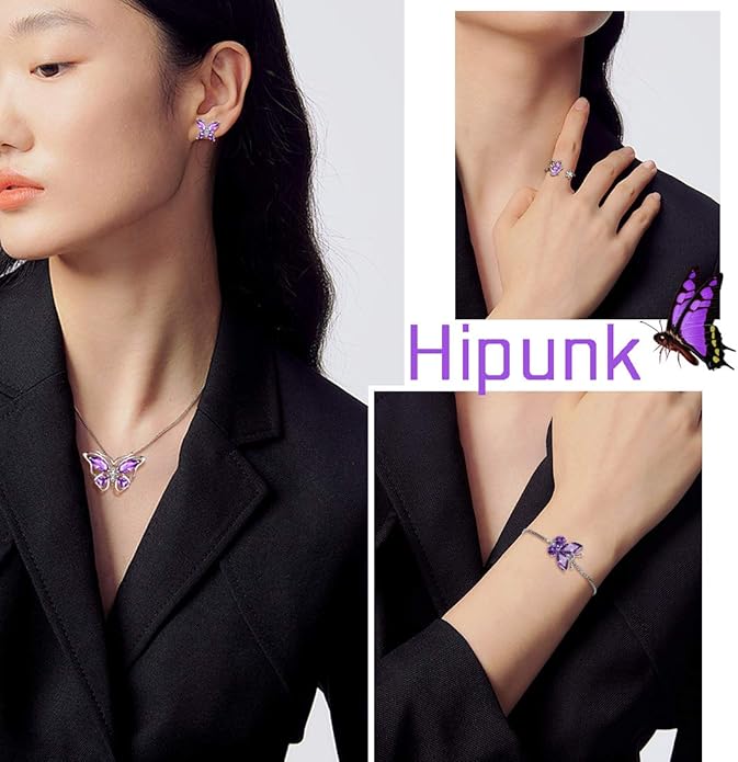 925 Sterling Silver Birthstone Butterfly Jewelry Women Crystal Animal Cute Butterflies Birthday Necklace/Earring/Ring/Bracelet Sets Birth Stone Statement Anniversary Jewellery