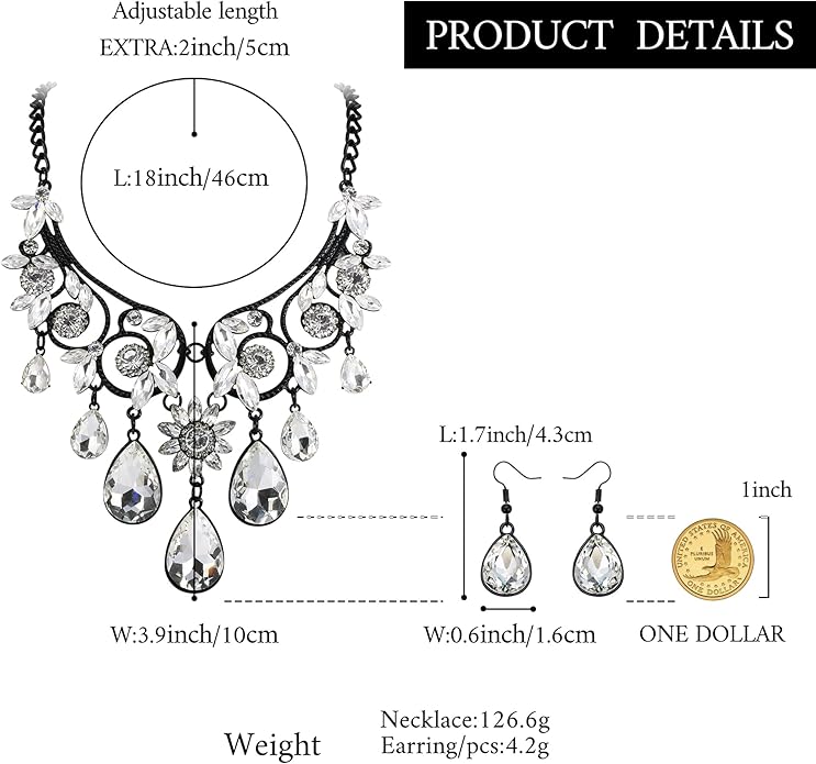 BriLove Women's Tribal Ethnic Crystal Chunky Statement Necklace Dangle Earrings Set