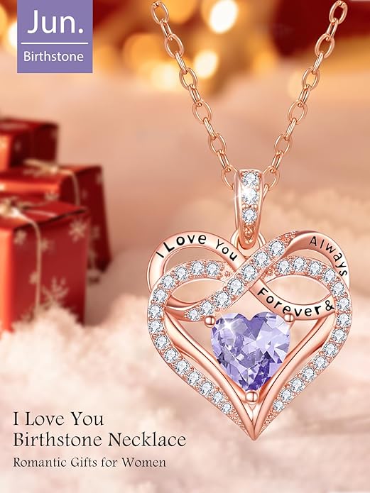 Infinity Rose Gold Valentines Heart Birthstone Necklace for Women,I Love You Always and Forever Jewelry,Valentines Anniversary Birthday Gifts for Her Wife Mom Grandma Daughter