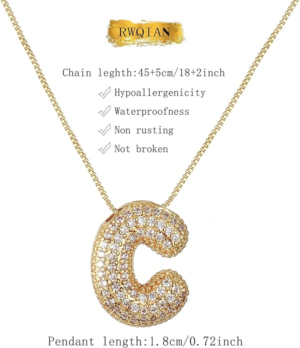 RWQIAN Letter Necklace for Women Bubble, Chunky Initial Alphabet A-Z Pendant Puffy Name Personalized Necklace Dainty Zircon CZ Fashion Jewelry Gifts for Girls Girlfriend