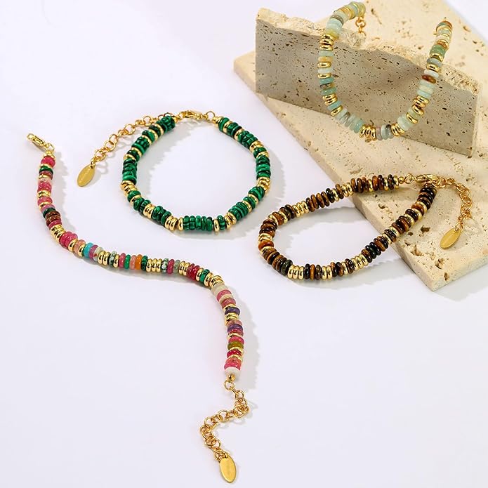 Beaded Bracelet for Women and Girl, Colorful Beach Boho Gems Bracelet 14K Gold Plated Stackable Handmade Bohemian Multicolor Natural Stone Bracelet