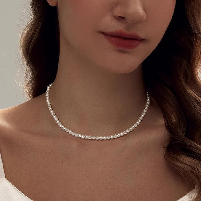 Zeffy Pearl Necklace 4MM/6MM/8MM Dainty Round Imitation Pearl Choker Necklace Wedding Pearl Necklace Delicate Jewelry for Women Simple Bridesmaid Jewelry Gifts