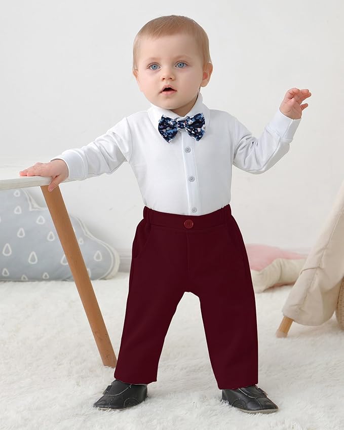 DISAUR Baby Boy Clothes Toddler Boy Outfits 4PCS Gentleman Dress Romper/Vest/Pants/Bow Tie Cotton Suit Sets