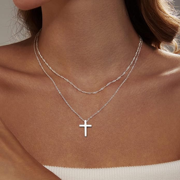 Zeffy Cross Necklace for Women, 18k Gold/Silver Plated Tiny Cross Pendant Necklace Simple Layered Cross Necklaces Gold Jewelry for Women