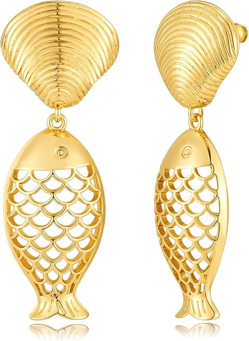 LILIE&WHITE Gold Fish Dangle Earrings for Women With Trendy Shell Earrings Chic Mermaid Seashell Earring Fashion Jewelry Gift