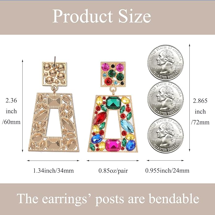 Rhinestone Rectangle Statement Earrings Colorful Crystal Geometric Drop Dangle Earrings for Women Prom Party