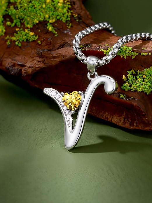 Valentines Day Gifts for Women Alphabet A to Z Initial Birthstone Pendant Necklaces for Women - 18k White Gold Plated Personalized Name Jewelry Valentine Mothers Day Birthday Gifts for Women Her Girlfriend