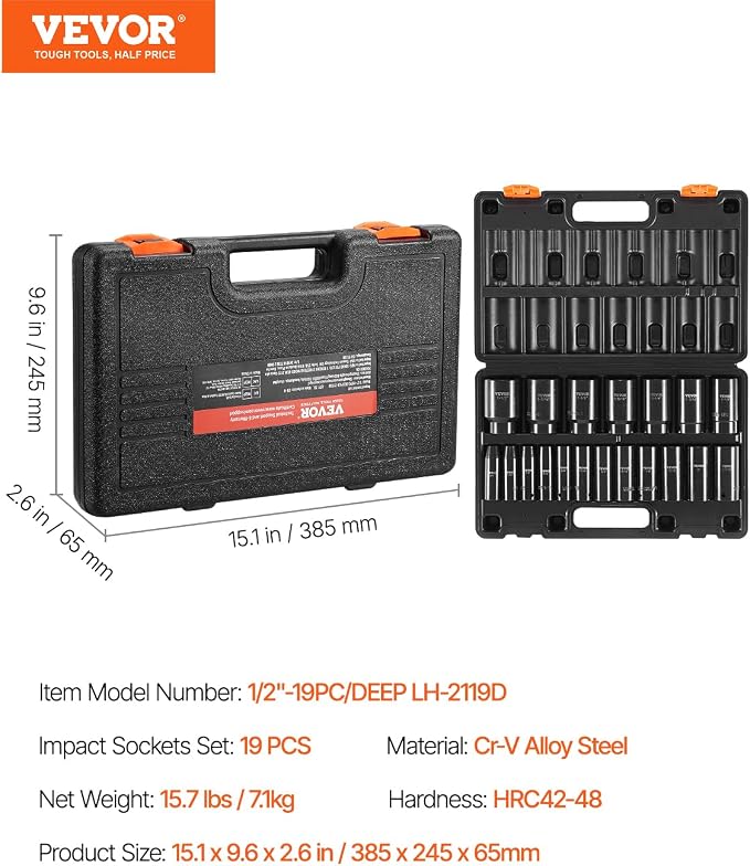 VEVOR Impact Socket Set, 1/2" 19 Piece Impact Sockets, Deep Socket, 6-Point - Image 7