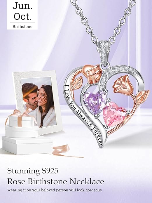 Valentine's Day Gifts for Wife 925 Sterling Silver Double Birthstone Pendant Necklaces I Love You for Always and Forever Necklace Anniversary Birthday Gifts for Wife Girlfriend Mom Her