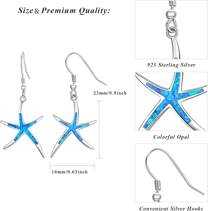 925 Sterling Silver Starfish Earrings With Opal Fish Hoops, Nautical Hawaiian Sea Beach Jewelry for Women and Starfish Lovers