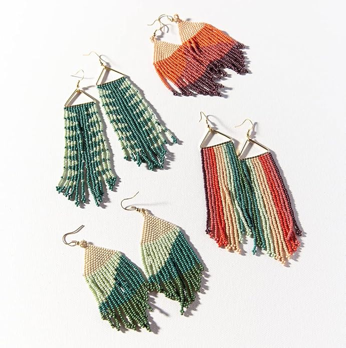 INK+ALLOY Beaded Earrings for Women Dangling, Emilie Seed Bead Long Fringe Statement Boho Earrings, Hypoallergenic Handmade Jewelry for the Modern Bohemian, 4.5-Inch