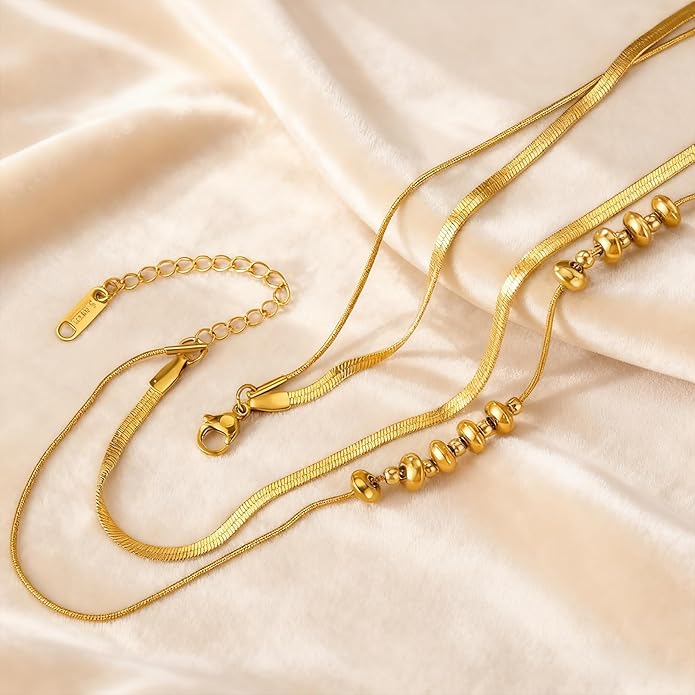 Layered Beaded Pendant Choker Necklace for Women,Stackable Stack Delicate Trendy Gold Plated Stainless Steel Snake Chain Choker Necklaces,Simple Gold Jewelry Necklaces for Prom Party