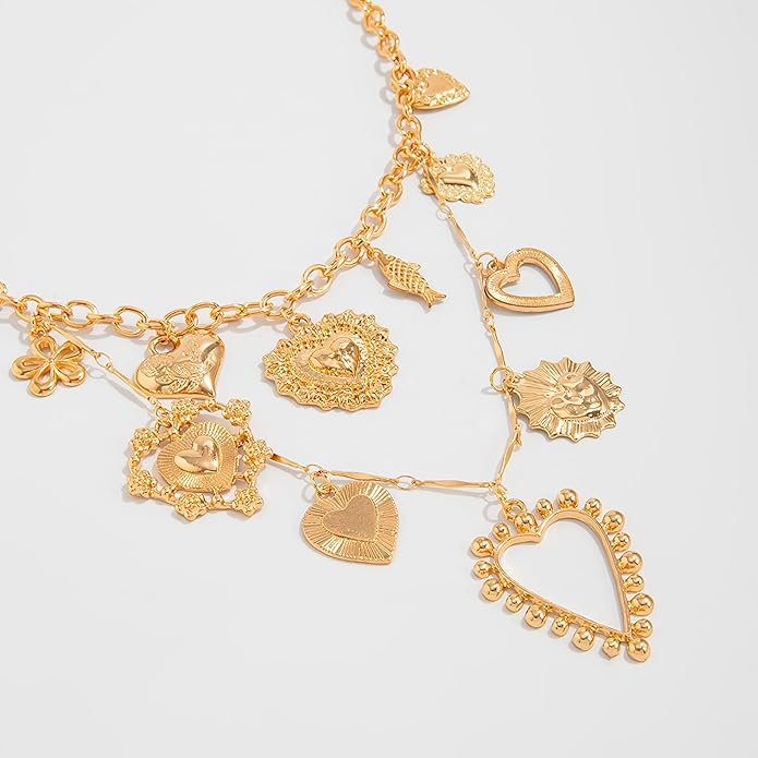 Gold Heart Chunky Charm Necklace for Women with Matching Bracelet, Healing Boho Jewelry Set, Italian Mirror-Polished Alloy, Spiritual Energy Pendant for Meditation, Growth & Inner Strength Gift