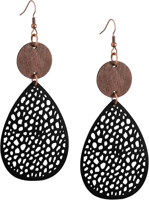 MINACHI Bohemian Hollow Cut-Out Wood Leather Dangle Drop Earrings, Boho Chic Hippie Statement Jewelry Gift for Women
