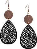 MINACHI Bohemian Hollow Cut-Out Wood Leather Dangle Drop Earrings, Boho Chic Hippie Statement Jewelry Gift for Women